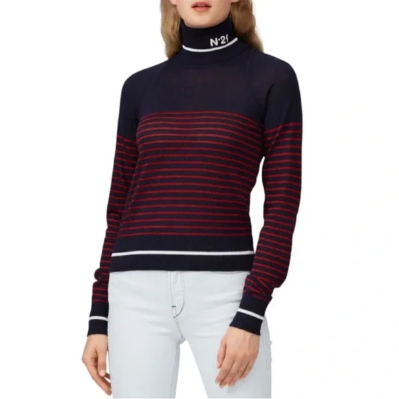 No. 21 Blue Striped Knit Logo Turtleneck Sweater Size Small - Picture 1 of 6